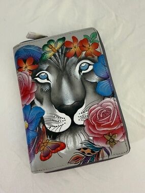 Anuschka Lion Floral Hand Painted Leather RFID Zip Around Travel Wallet NWT